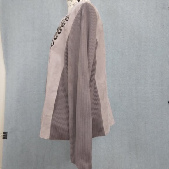 Bob Mackie | Embroidered Leather Suede Zip Front Jacket Taupe | Size L - Picture 4 of 7